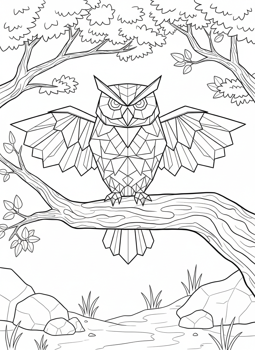 An origami owl robot perched on a branch with geometric feather patterns, angular eyes, and symmetrical folded wings