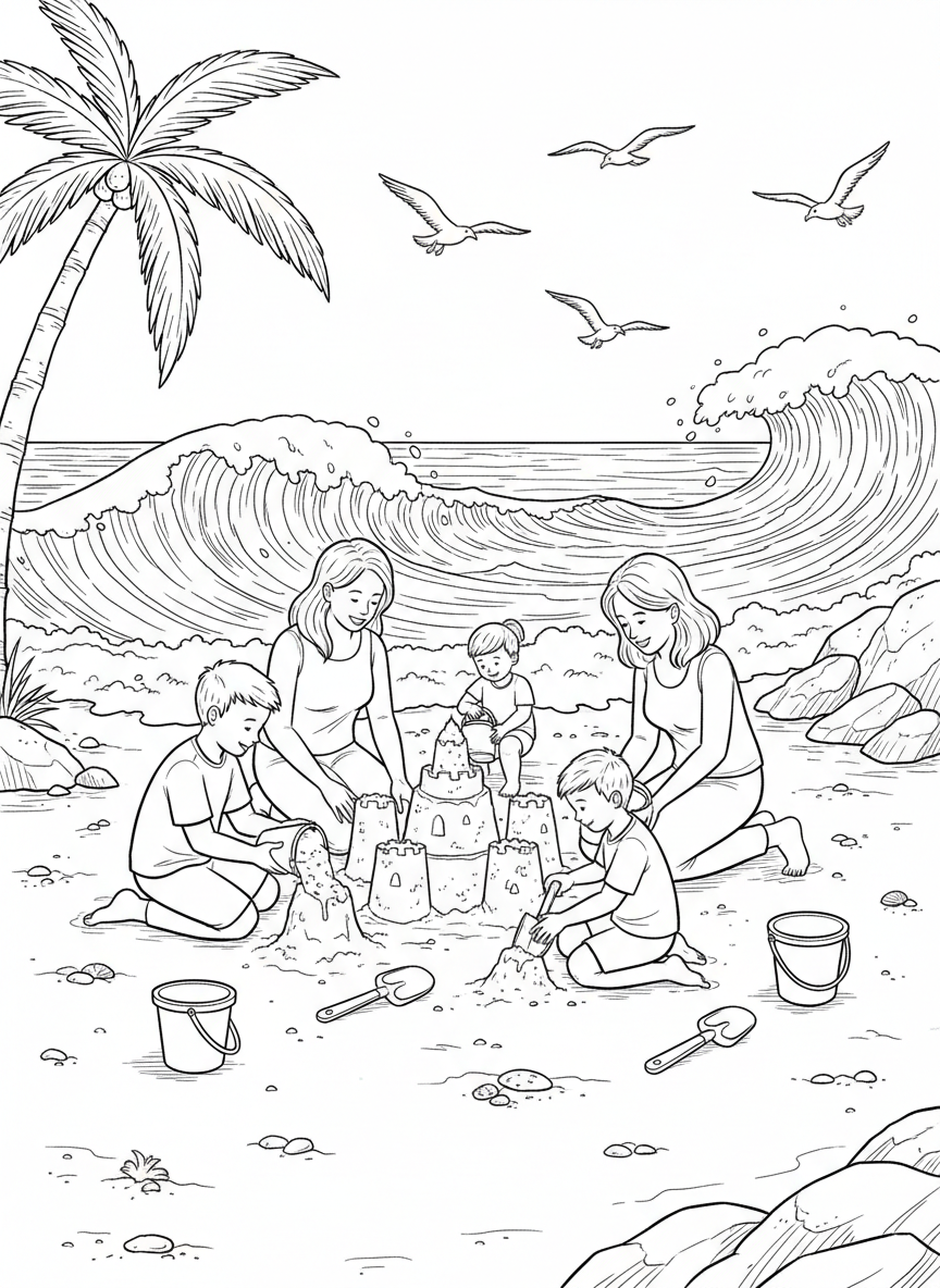 A family at the beach building sandcastles, with buckets, shovels, waves, and seagulls in the background.