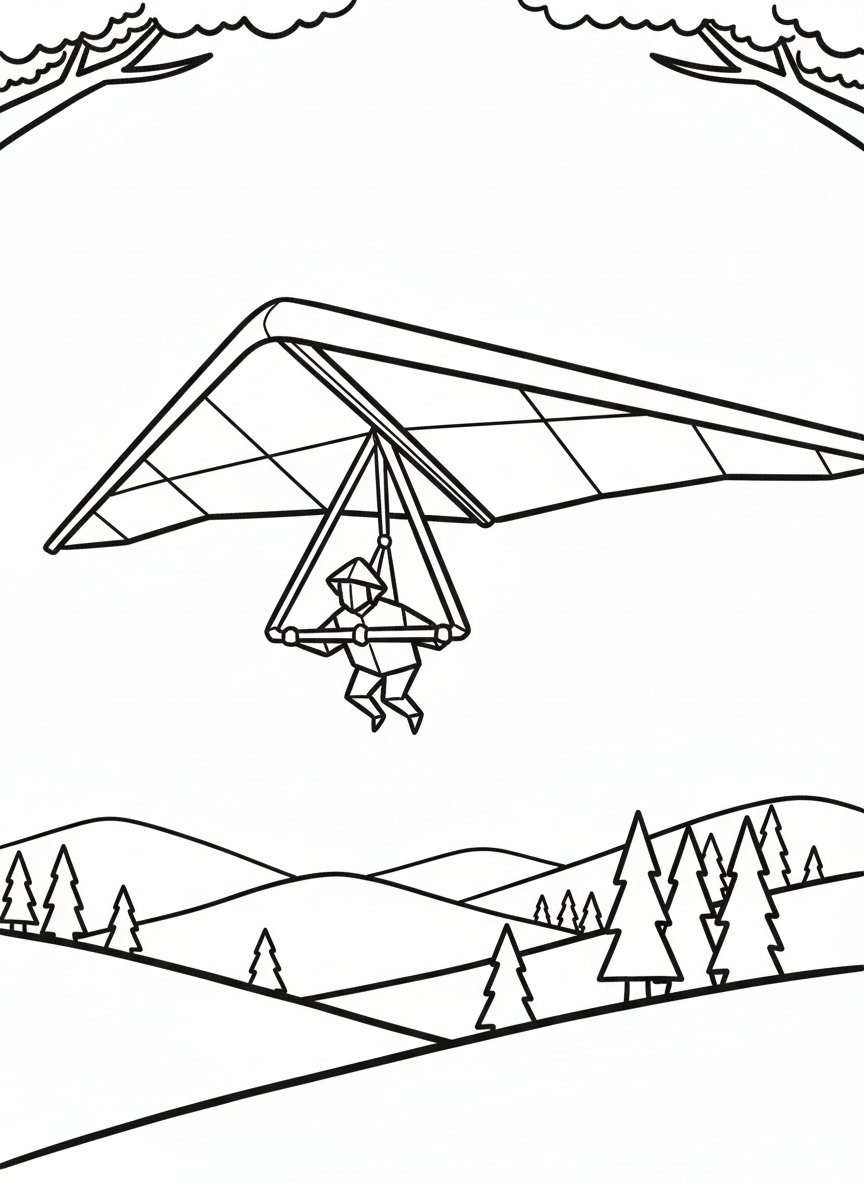 An origami hang glider with triangular wing shape and pilot figure, soaring over hills and trees below.