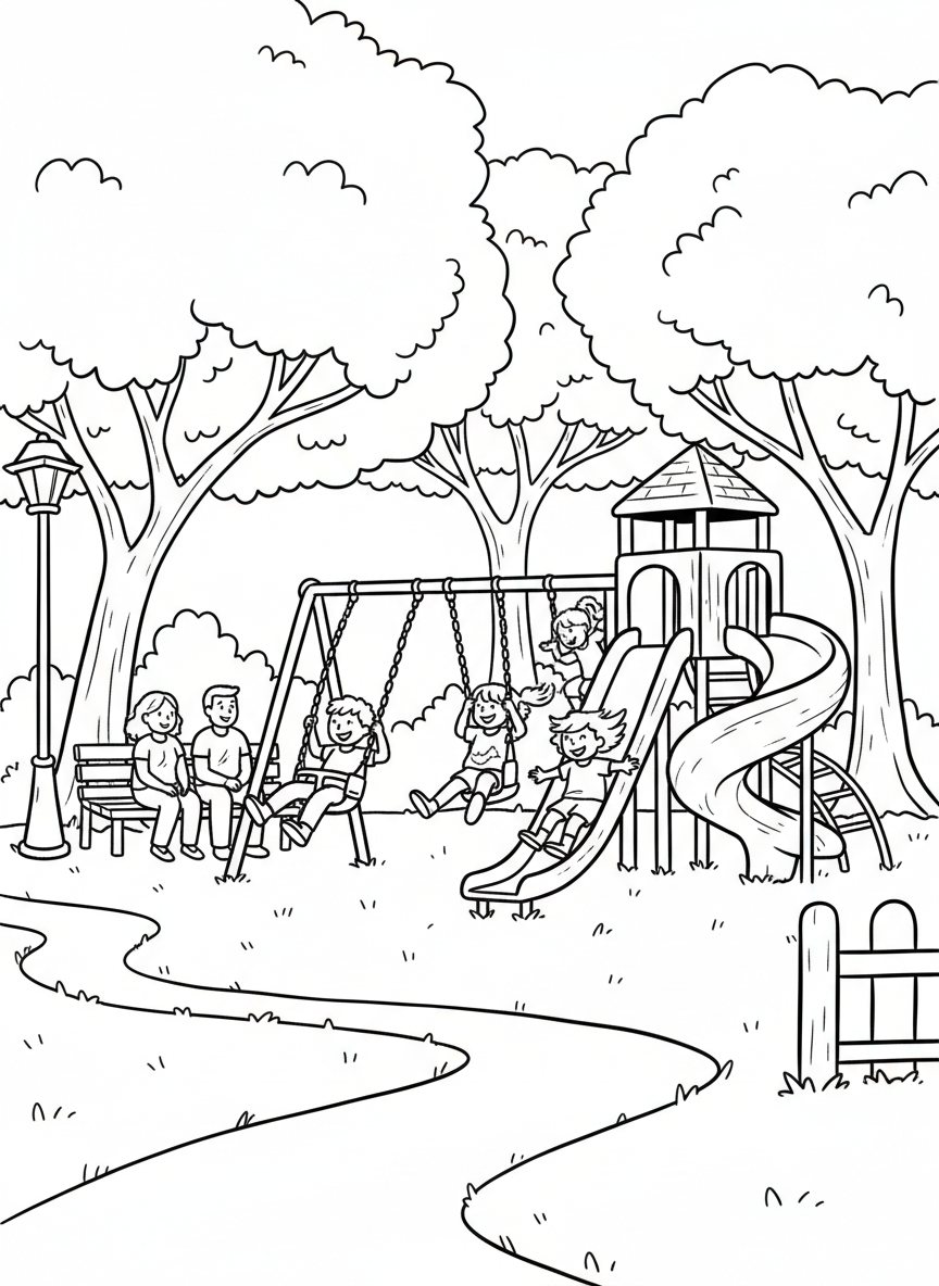 Children playing on swings and slides at a neighborhood playground while parents watch from nearby benches under trees.