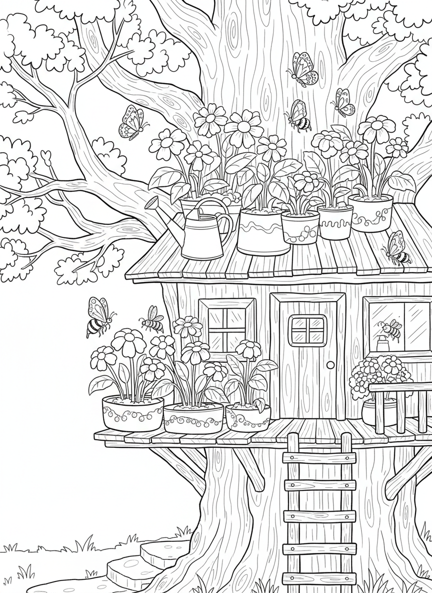 A treehouse with a rooftop garden, flower pots, and a watering can, surrounded by butterflies and bees