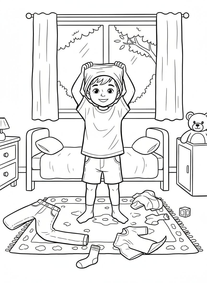 A child putting on a t-shirt, arms raised overhead pulling the shirt down, simple standing pose with clothing items scattered around