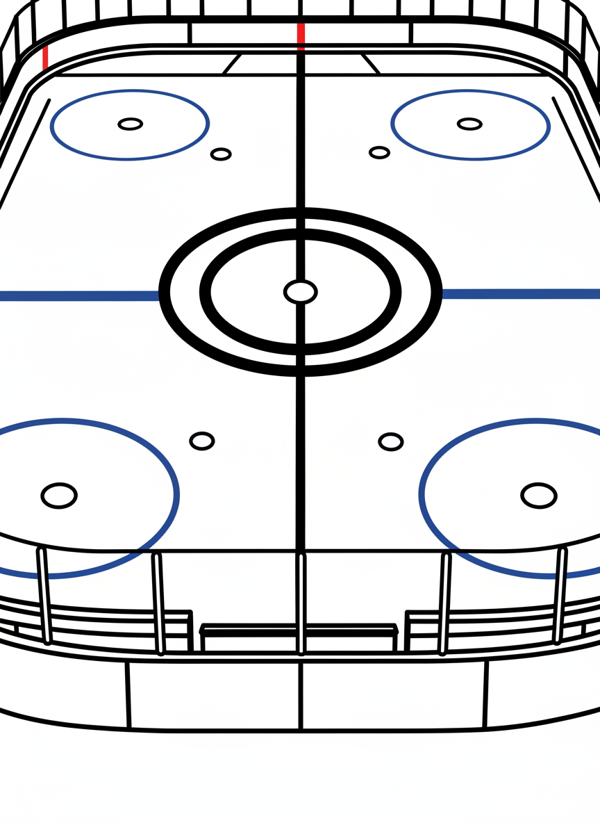 An ice hockey rink from above showing the center circle, face-off dots, and goal lines, educational layout