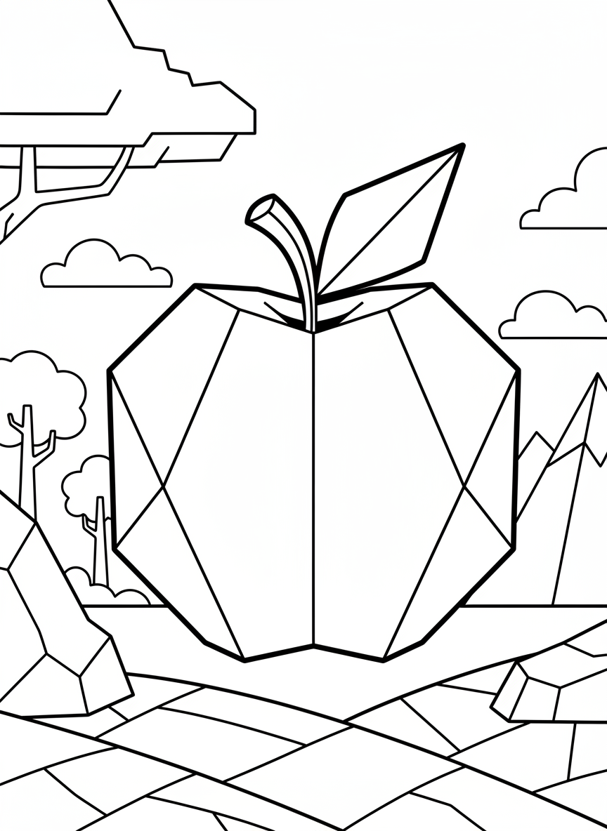 A simple origami apple with symmetrical fold lines, a geometric leaf on top, and clean angular curves forming the round fruit shape.