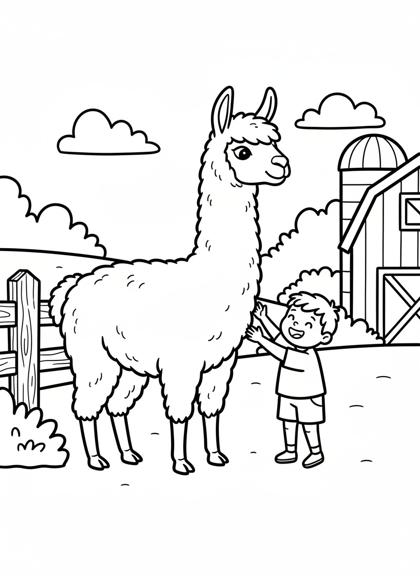 A llama and child standing together, the child gently petting the llama's neck in a friendly farm scene.