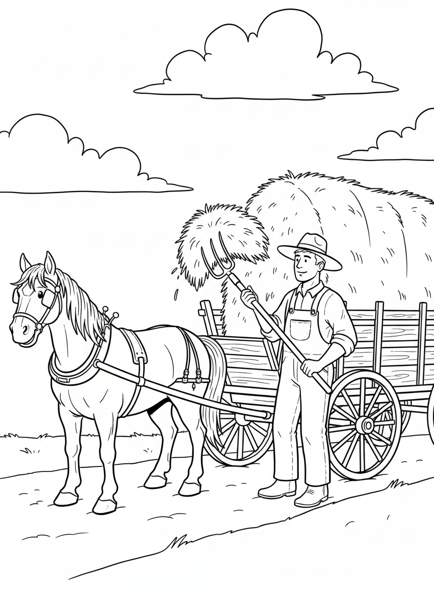 A farmer using a pitchfork to load hay onto a wagon, with a friendly horse waiting nearby and clouds in the sky.