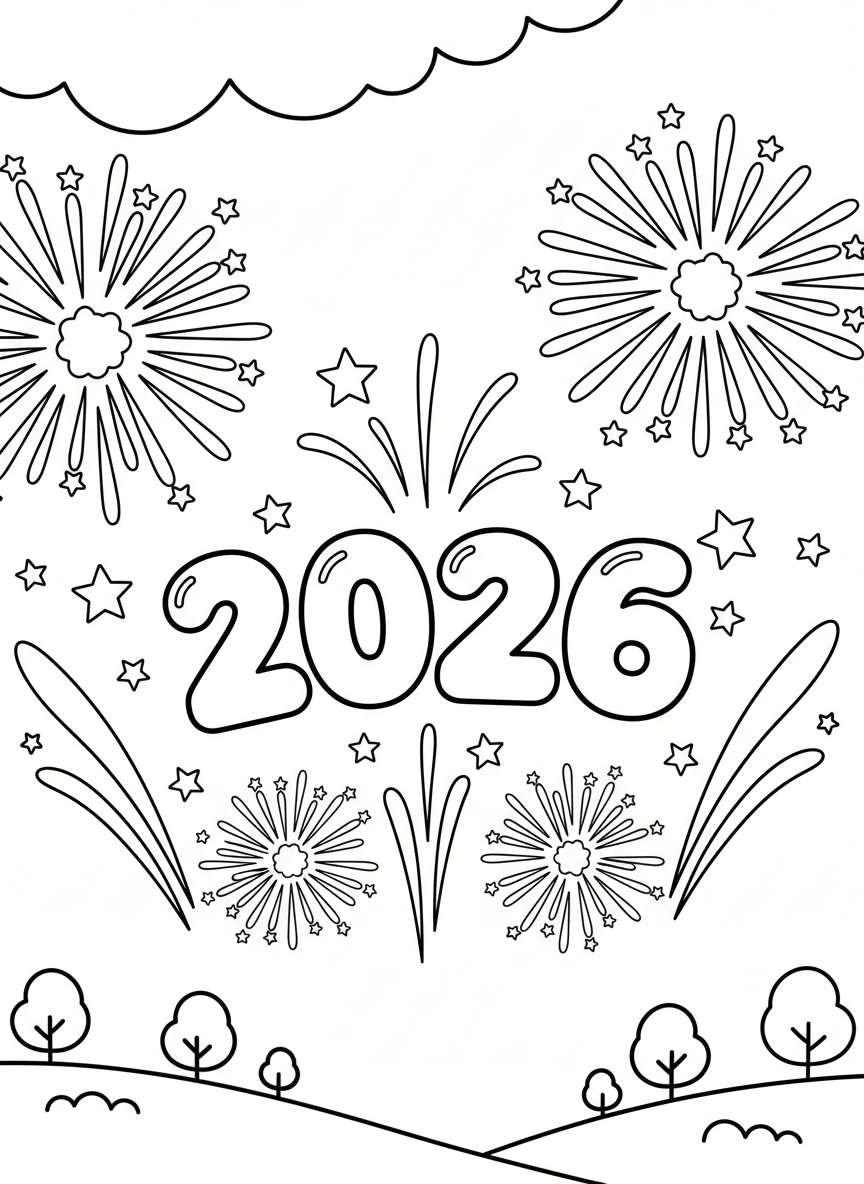 Cute cartoon fireworks exploding in the sky spelling out '2026' with stars and sparkles, simple shapes for easy coloring.