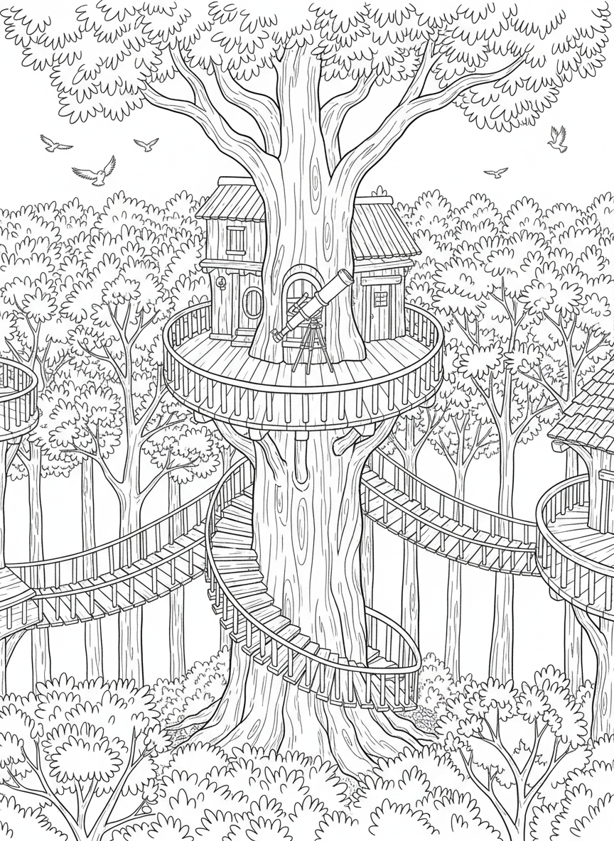 A bird's-eye view of a treehouse nestled in forest canopy with a telescope on the deck and a winding staircase wrapped around the trunk.