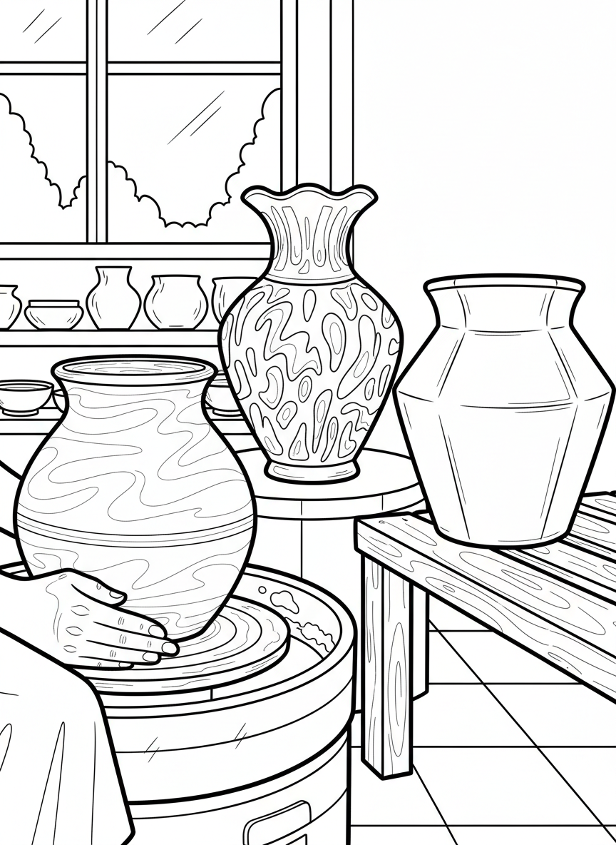 Simple line drawing of three different clay pots in various stages: wet clay, leather-hard, and finished glazed pottery.