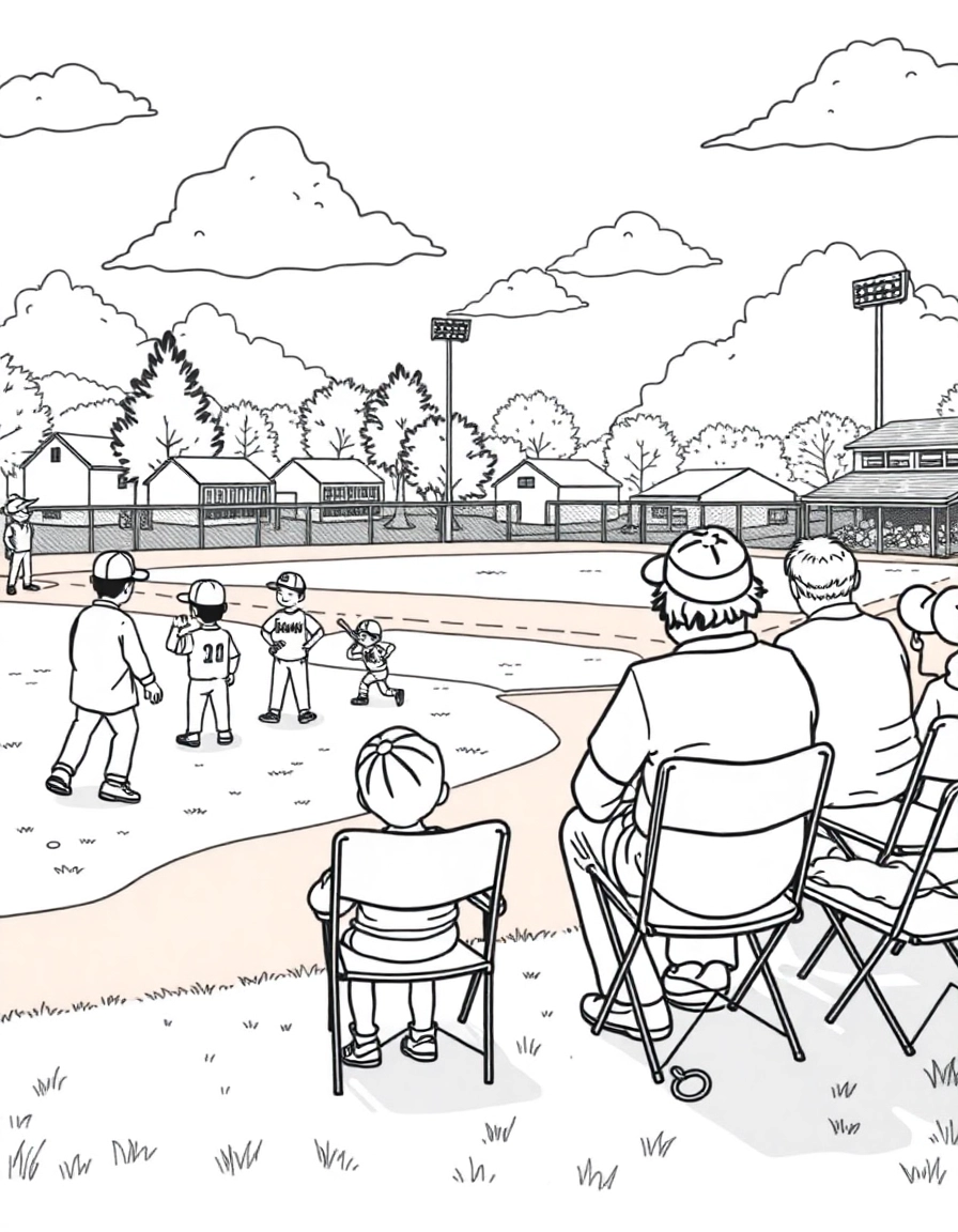 A small-town baseball field on a sunny afternoon, young players in oversized uniforms taking their positions as parents watch from folding chairs along the fence.