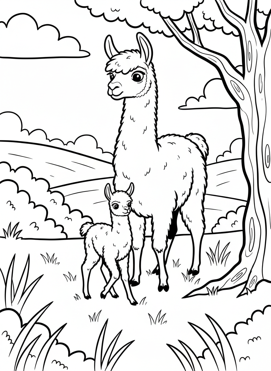 A baby llama taking its first steps, with its mother watching protectively nearby in a peaceful meadow.