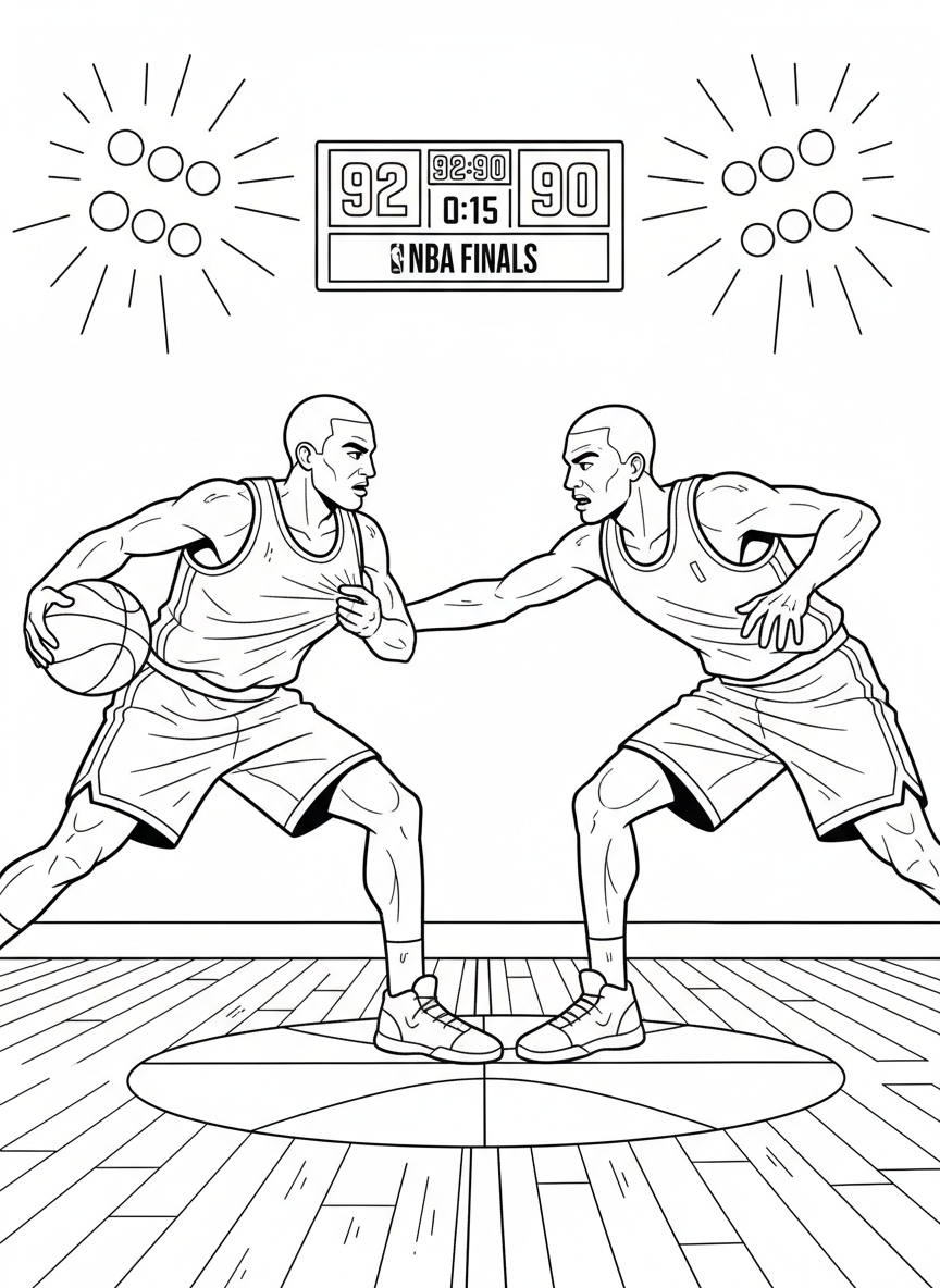 nba finals A tense one-on-one defensive stance at midcourt, jerseys tugged by motion and sweat as a ball-handler sizes up a defender beneath blinding arena lights and a ticking scoreboard.