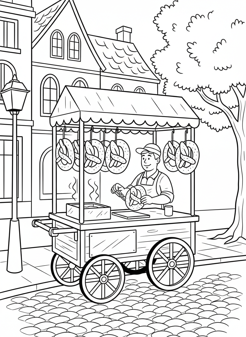 A pretzel cart on a street corner with a vendor and large soft pretzels hanging on display