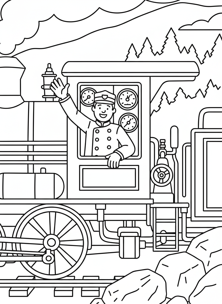 A train conductor waving from the engine cab window, wearing a traditional uniform and cap, with the train controls visible inside.