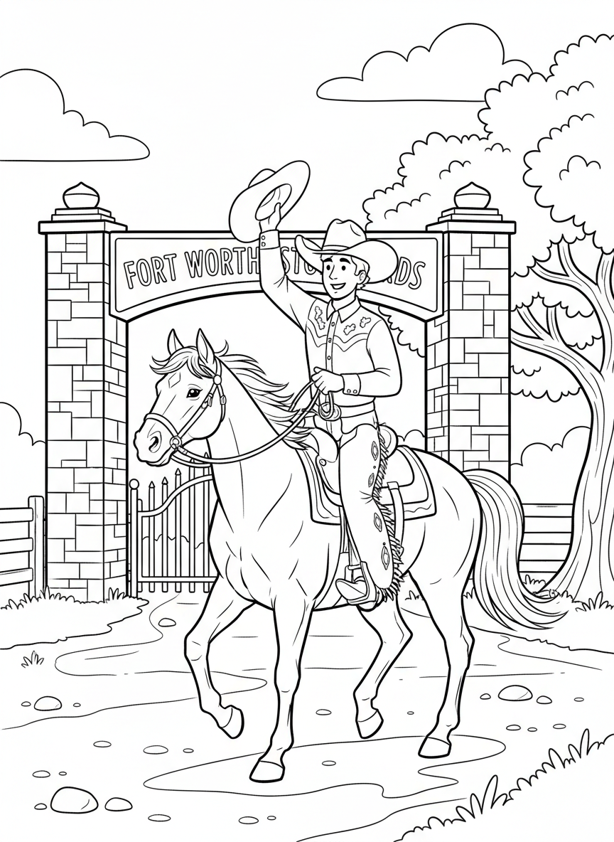 A friendly cowboy on horseback waving his hat, with the Fort Worth Stockyards entrance gate in the background, simple line art for coloring