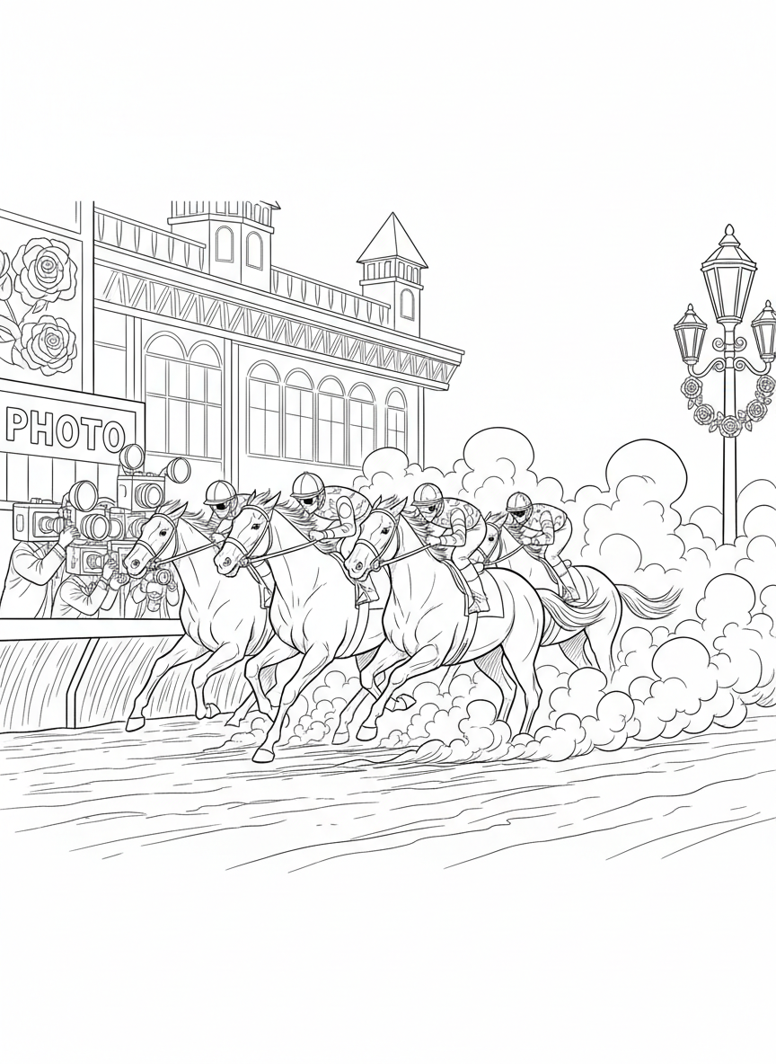Kentucky Derby coloring page prompts capturing elegance, horse racing tradition, spring fashion, and historic pageantry.	A photo finish moment with multiple horses neck and neck, dirt clouds hanging in the air as cameras capture the outcome.