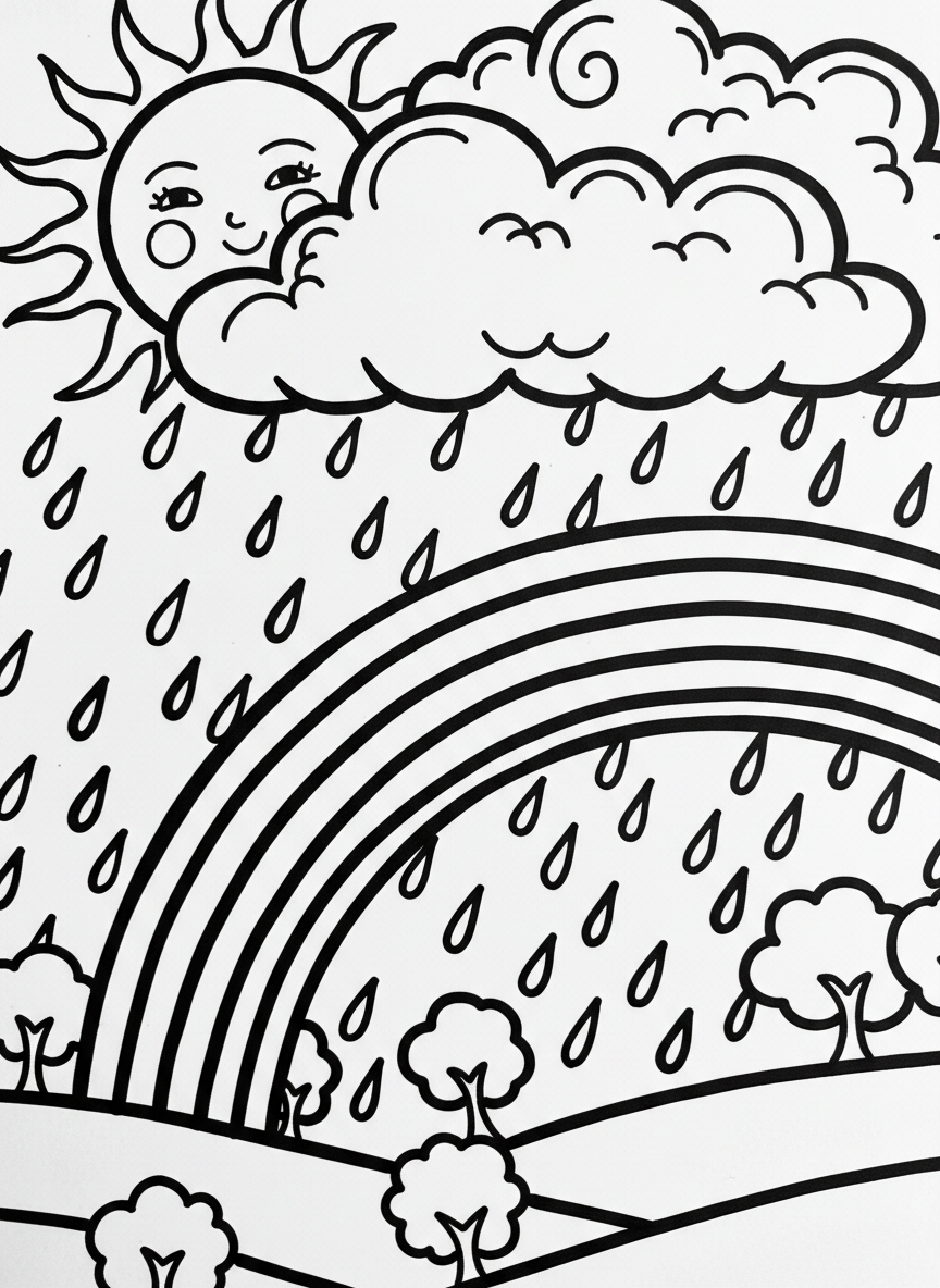 A detailed weather scene showing sun, clouds, rain, and rainbow all together in one sky, intermediate difficulty
