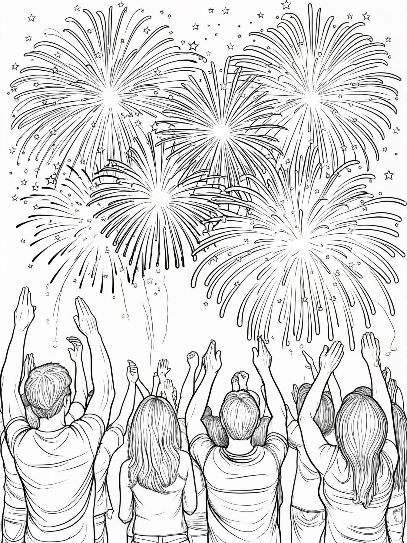 Fourth of July Fireworks coloring page prompts focusing on nighttime celebrations, glowing skies, and shared moments of awe.	People cheering and clapping as the grand finale fills the sky with light.