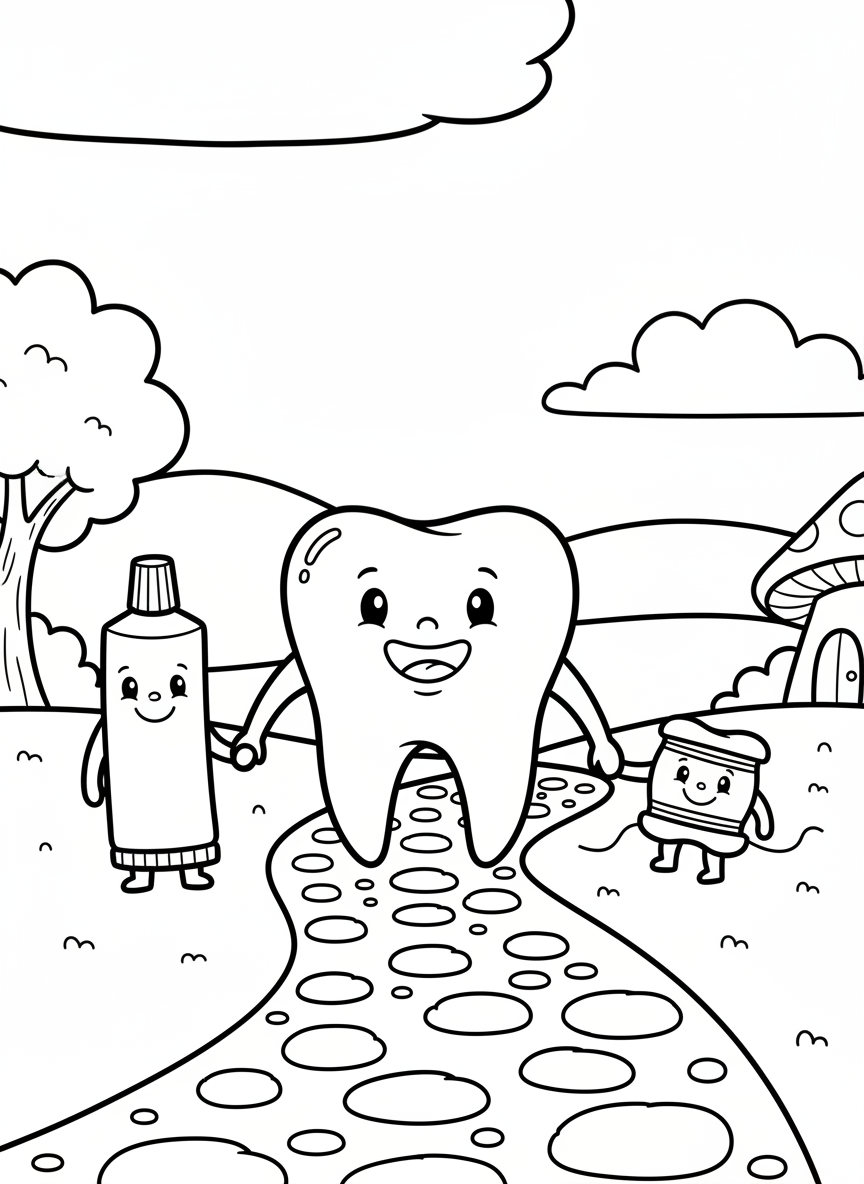 A simple tooth with a happy face holding hands with a tube of toothpaste and dental floss