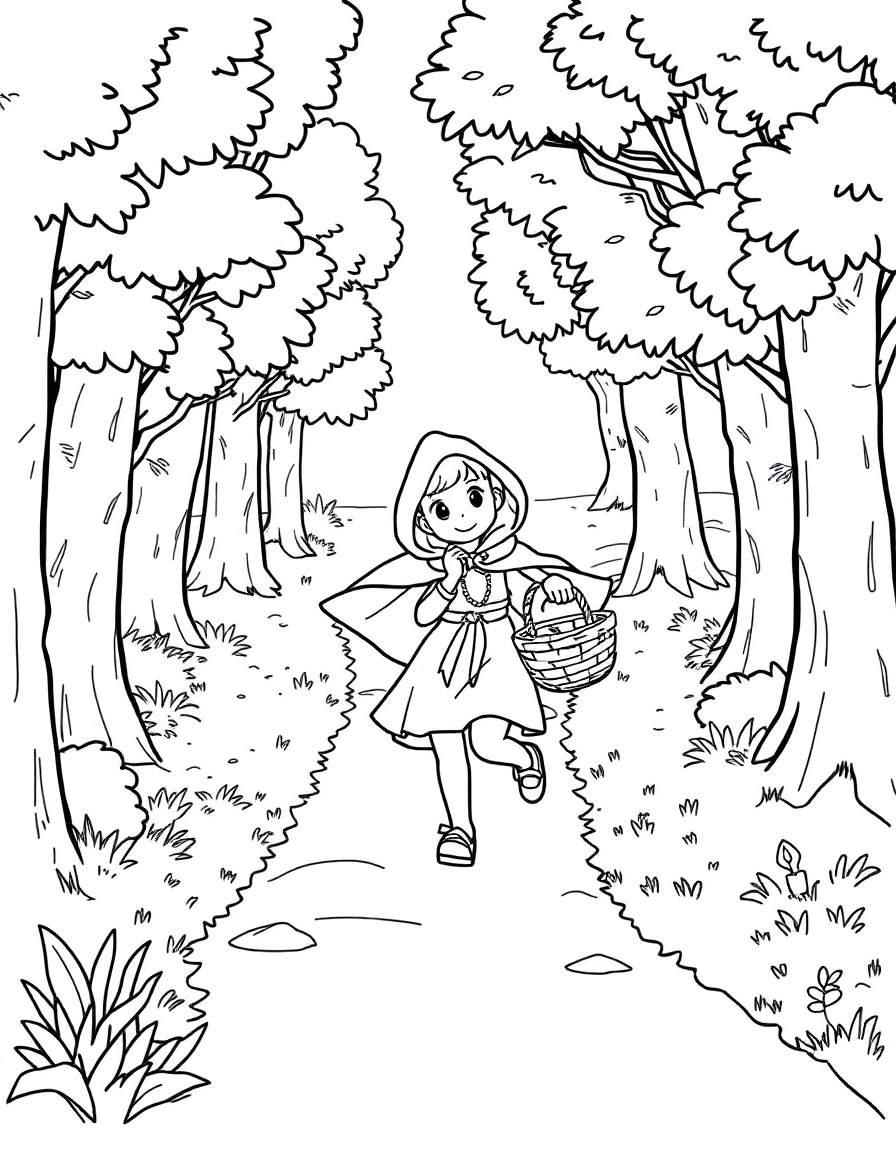 Little Red Riding Hood happily skipping through a forest path, carrying a basket, with friendly trees surrounding her