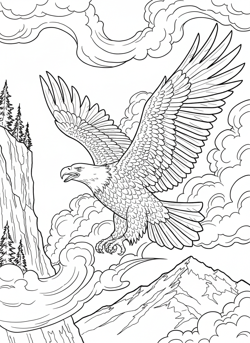 A bald eagle soaring through clouds with outstretched wings, detailed feathers and dynamic flying pose