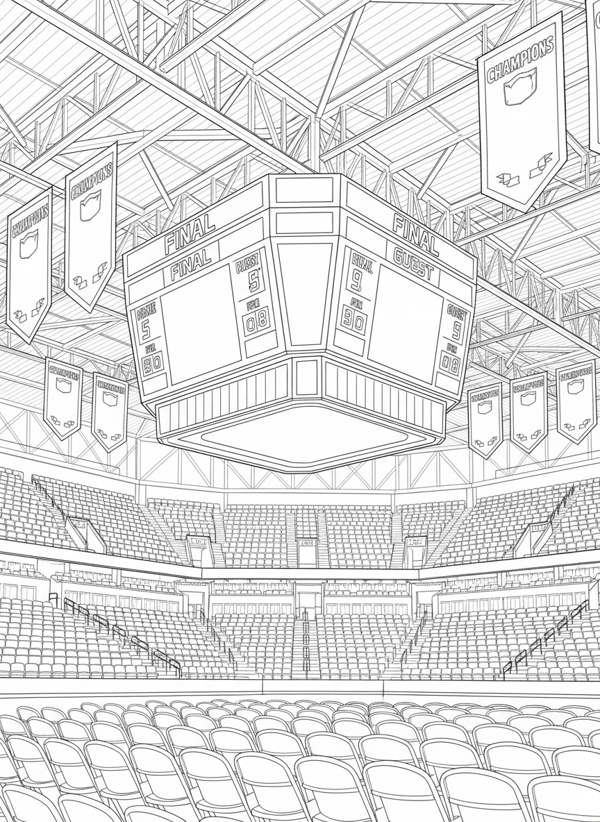 The arena scoreboard showing final score with championship banners hanging from the ceiling and empty seats below.