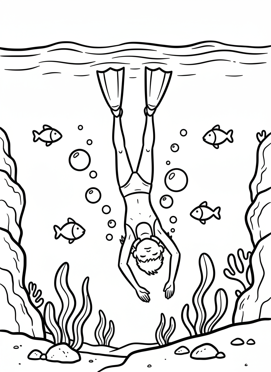 A child doing a surface dive with flippers up in the air, viewed from above the water, simple composition