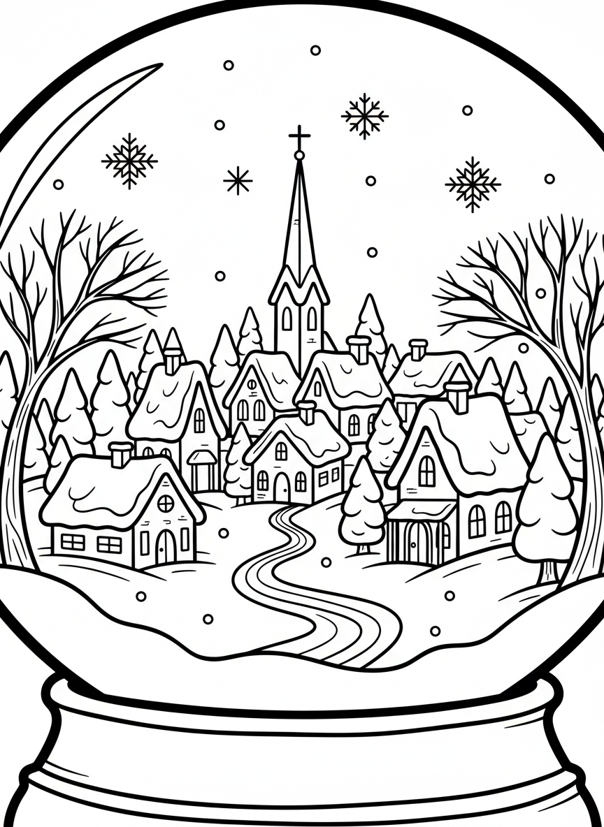 A snow globe containing a winter village scene with small houses, a church steeple, and a winding path, all covered in snow.