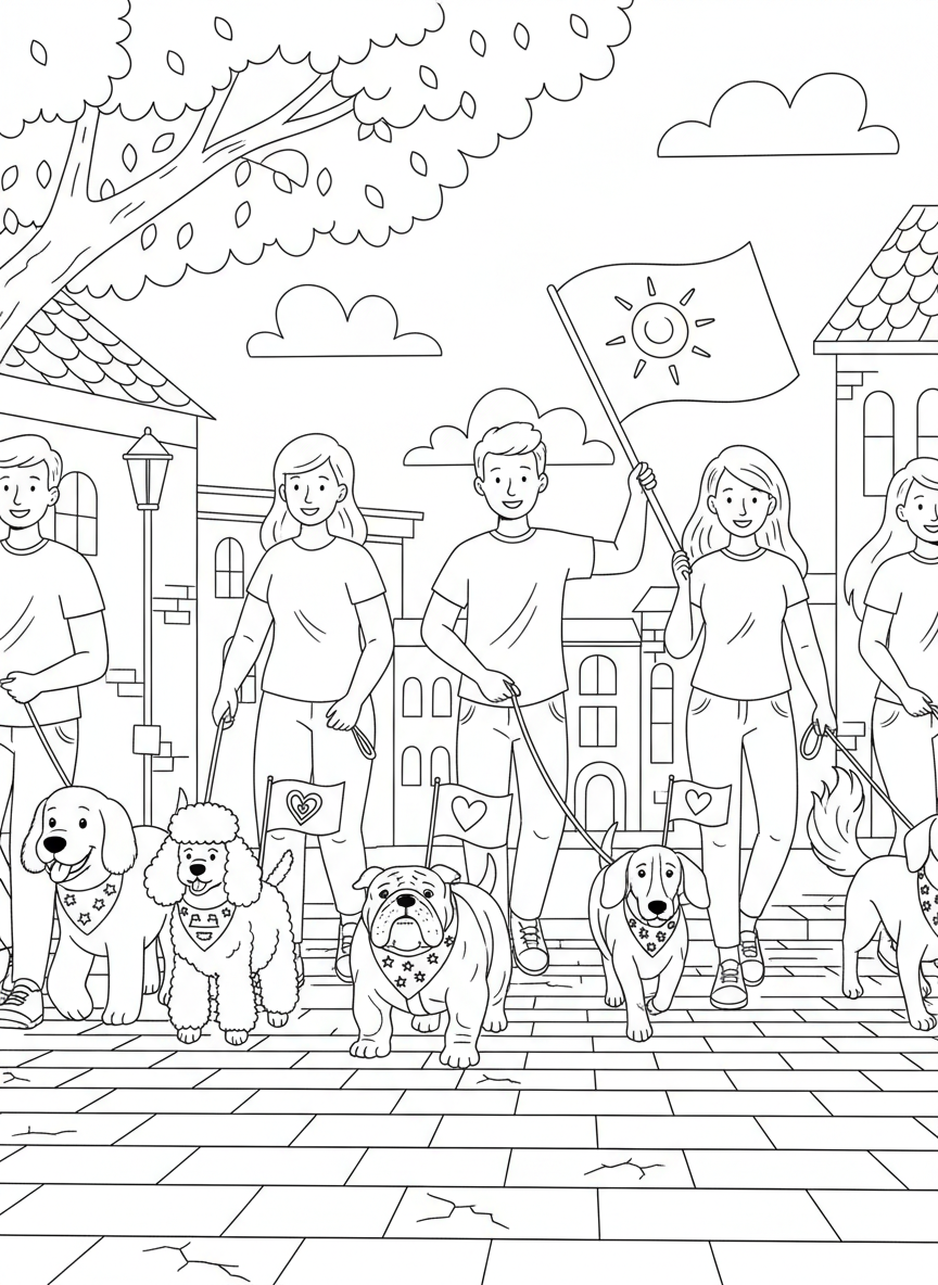 A community pet parade showing dogs wearing festive bandanas and small flags, walking proudly with their owners down the street.