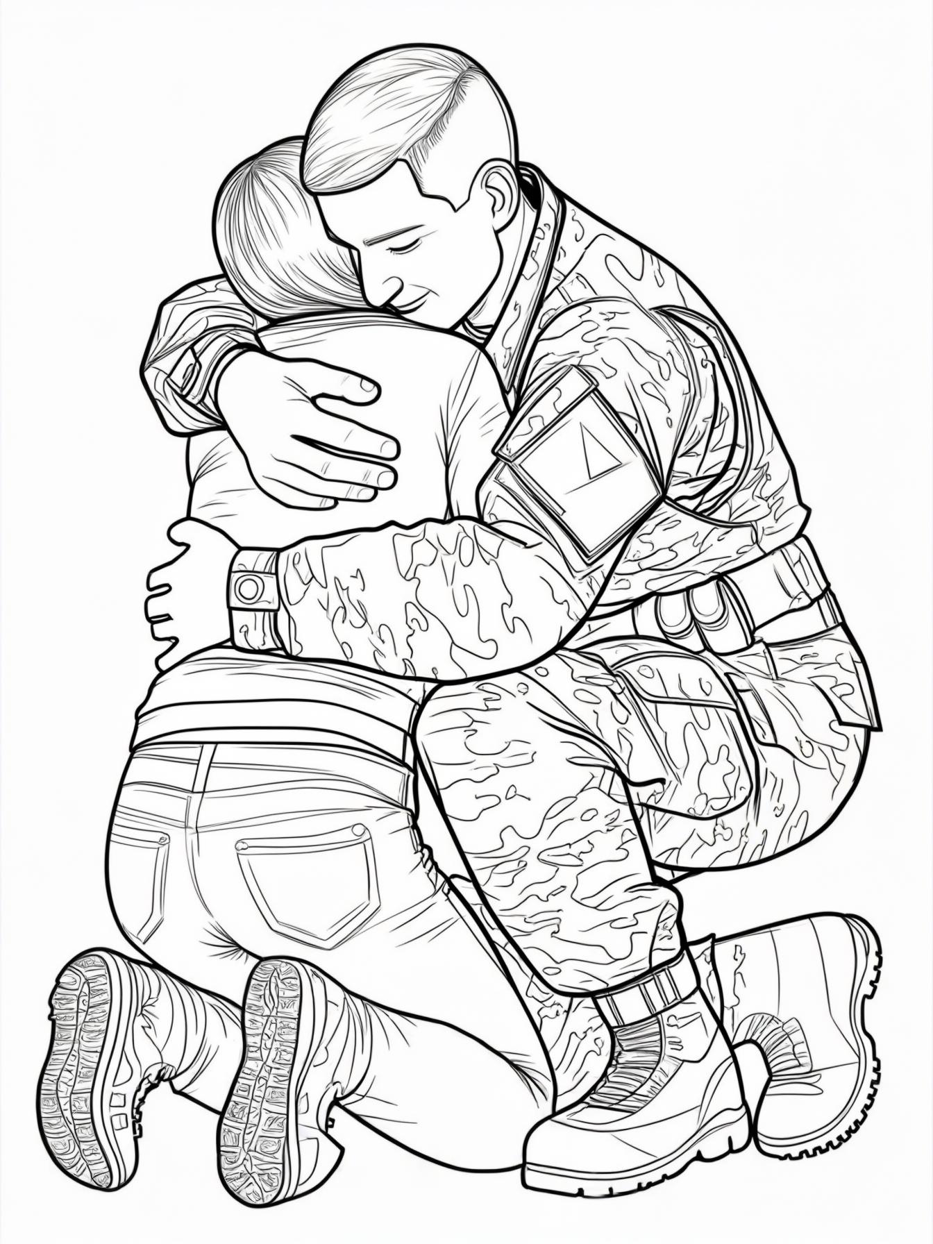 The Reunion Hug A modern-day soldier in their camouflage uniform, kneeling on one knee. They are in a tight embrace with a family member (perhaps a child or a spouse), whose back is to the viewer. The focus is on the detailed, complex pattern of the camouflage uniform.