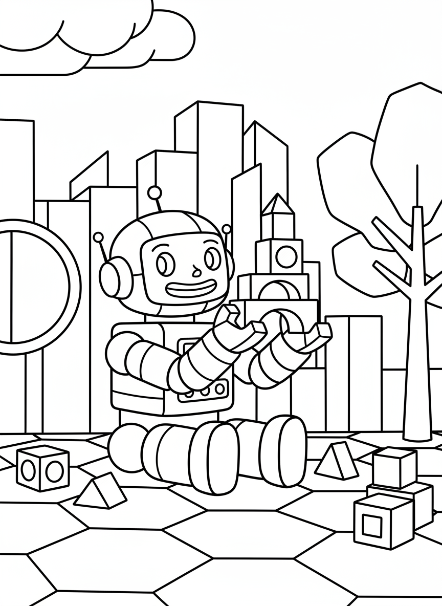 A happy robot playing with building blocks in a playroom, geometric shapes and clean lines