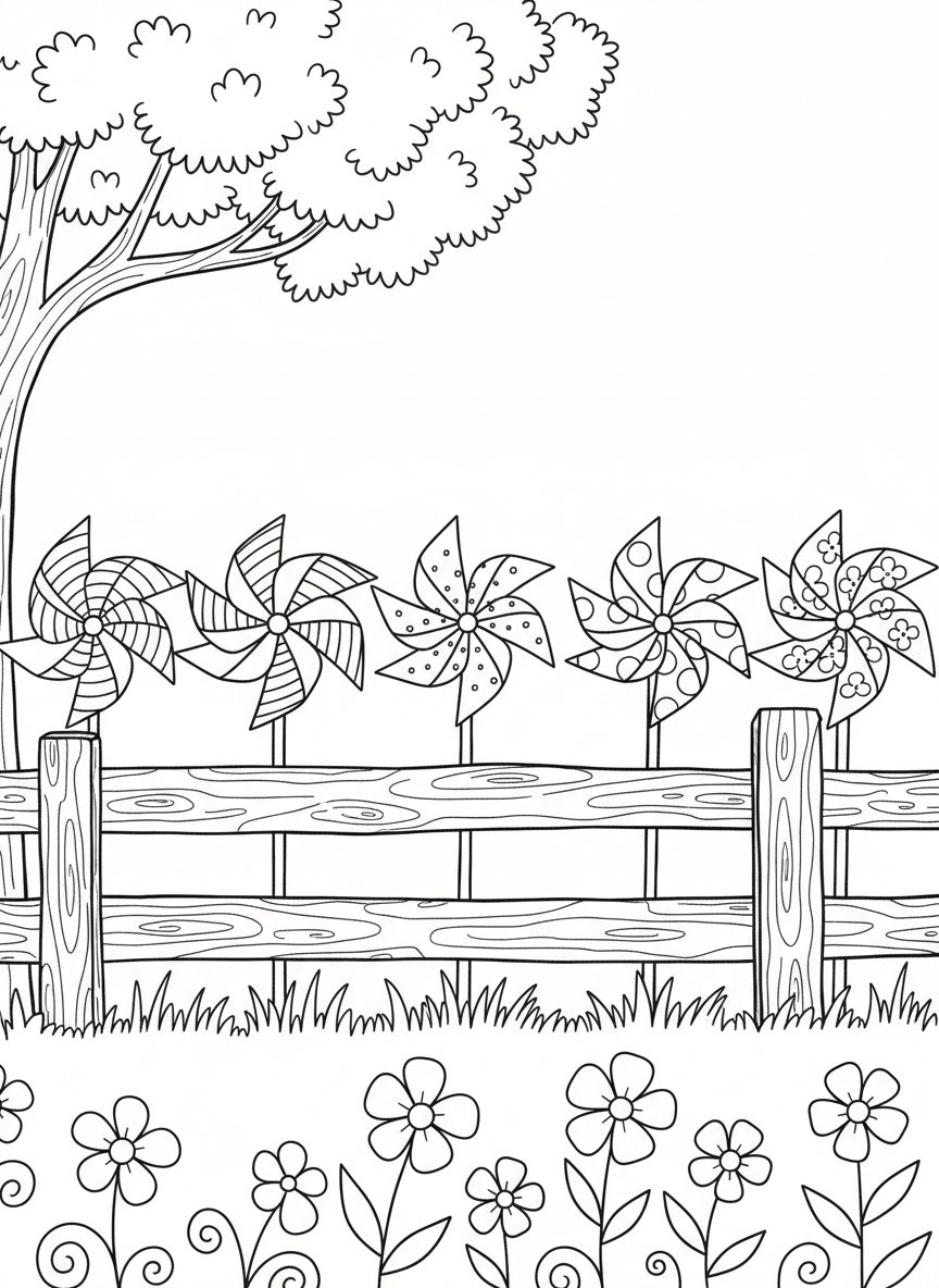 Multiple small pinwheels arranged in a row along a garden fence, each spinning with different simple patterns, flowers growing beneath.