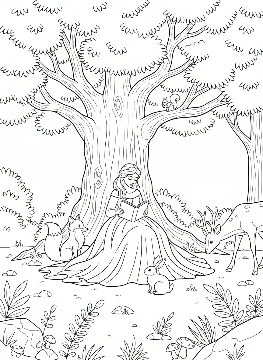 A princess with a long flowing gown reading a book under a large tree, surrounded by woodland creatures, black and white outline
