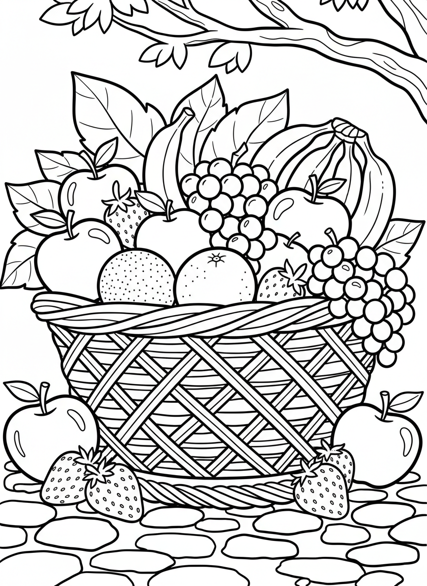 A fruit basket overflowing with apples, bananas, grapes, oranges, and strawberries, arranged in a woven basket.