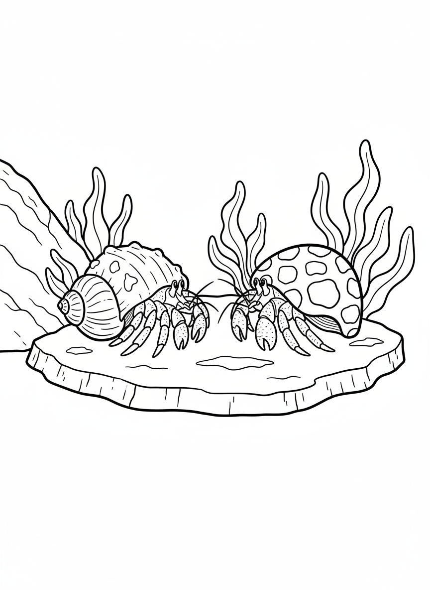 Two hermit crabs meeting on a flat rock, one wearing a conch shell and the other in a spotted shell, with seaweed in the background.