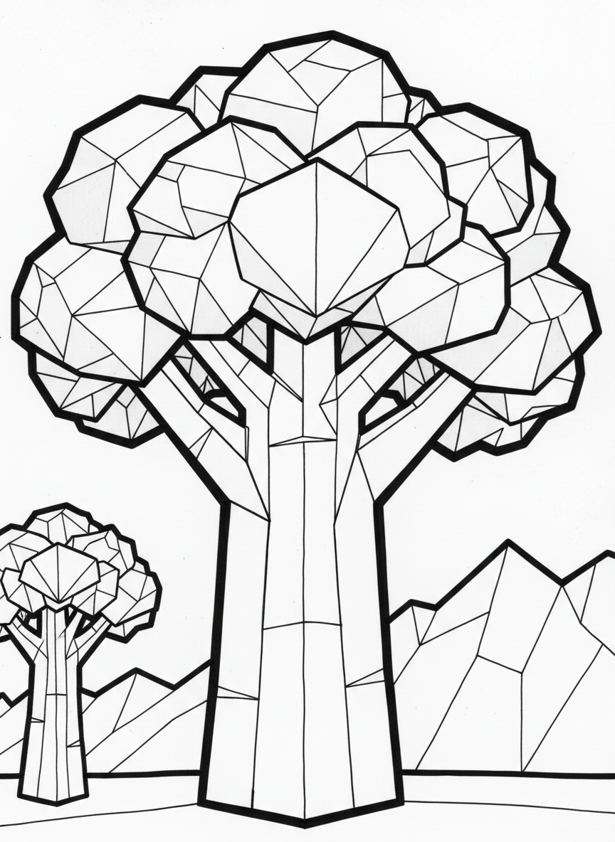 An origami broccoli with geometric tree-like top made of angular paper folds and a thick rectangular paper stem
