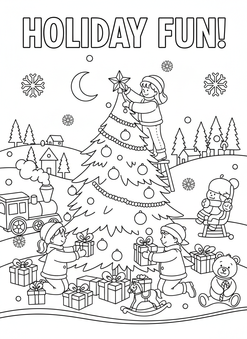 Holiday-themed coloring book cover, full-color festive illustration with kids decorating, snowflakes, and presents. Title-safe area at top.
