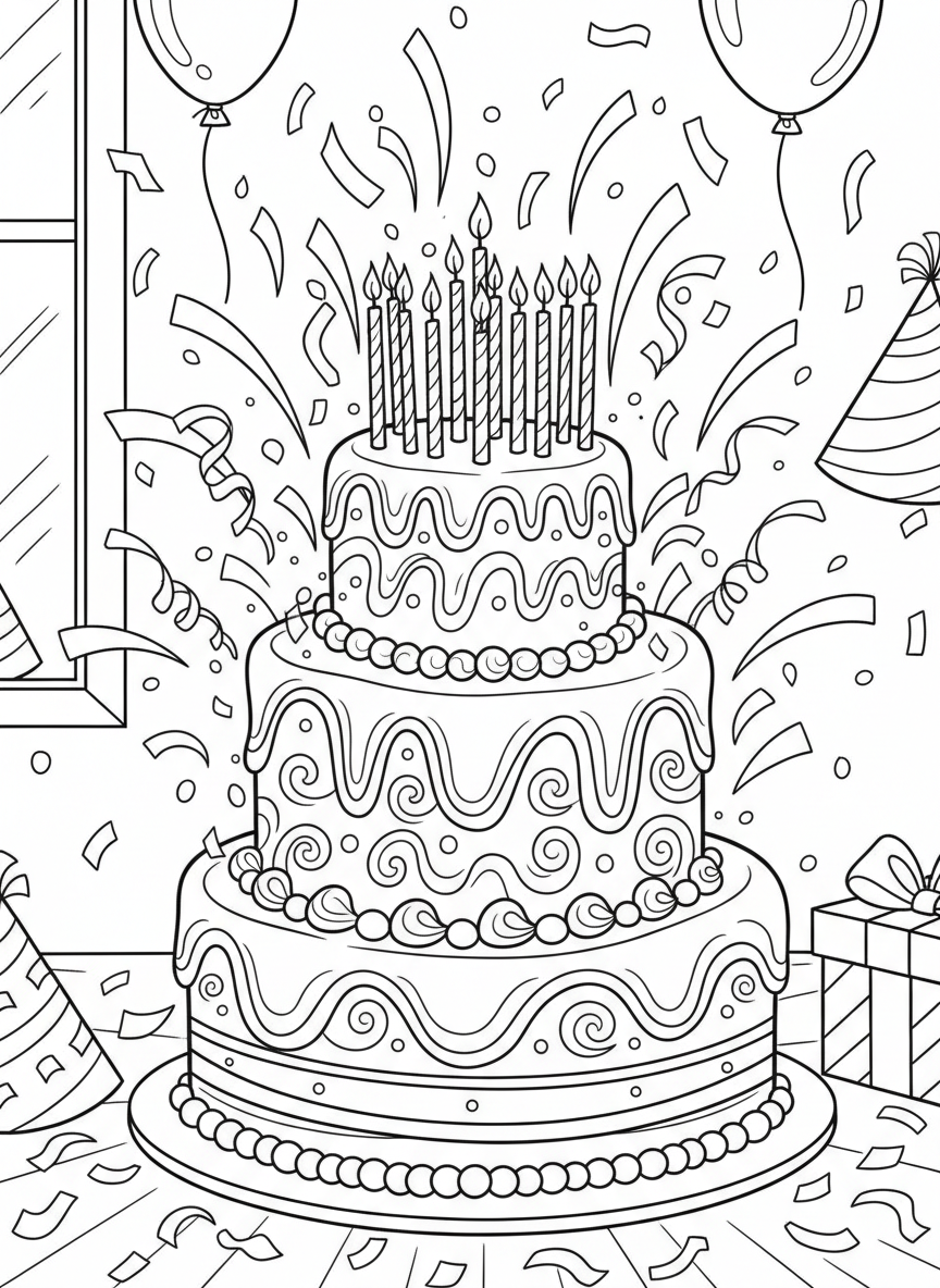 A birthday cake with 100 candles on top, decorated with frosting swirls and celebration details