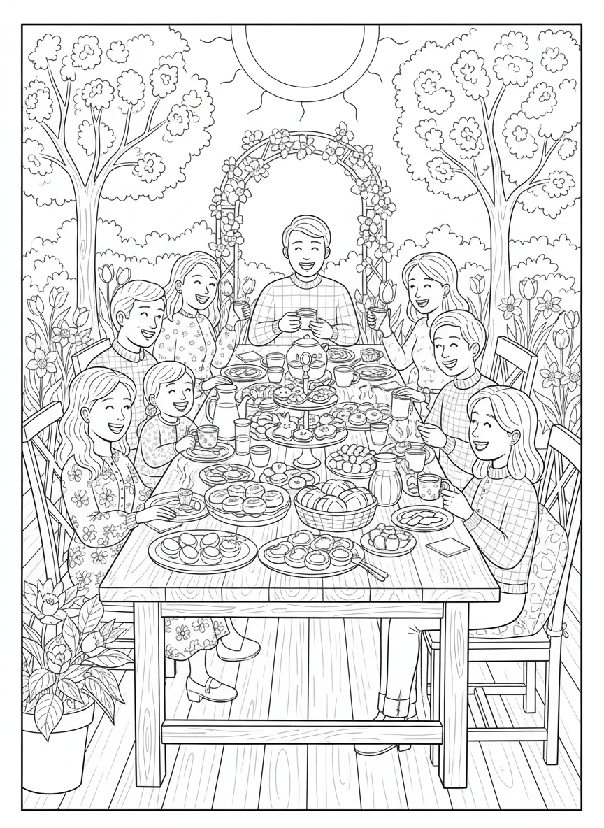 Easter coloring page prompts celebrating springtime, renewal, family gatherings, and seasonal joy.	An Easter brunch scene with shared dishes and conversation flowing easily.