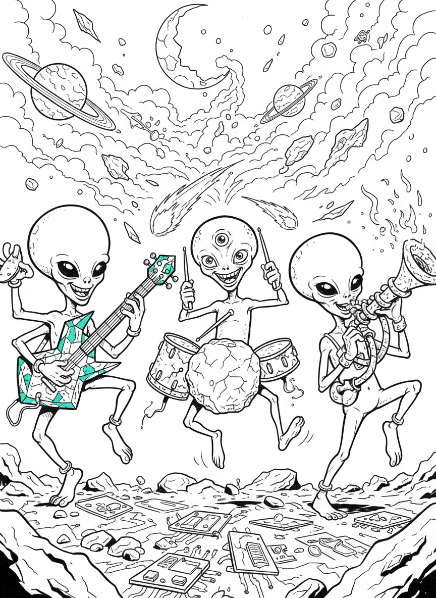 A group of three aliens playing musical instruments made from space junk and meteor pieces, dancing happily