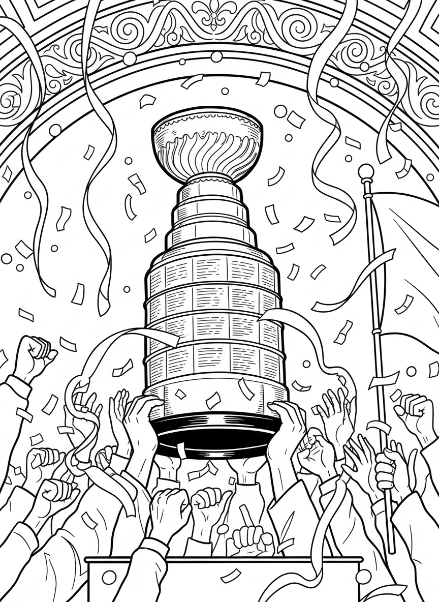 The Stanley Cup trophy being lifted overhead by celebrating hands, with streamers and celebration atmosphere all around.