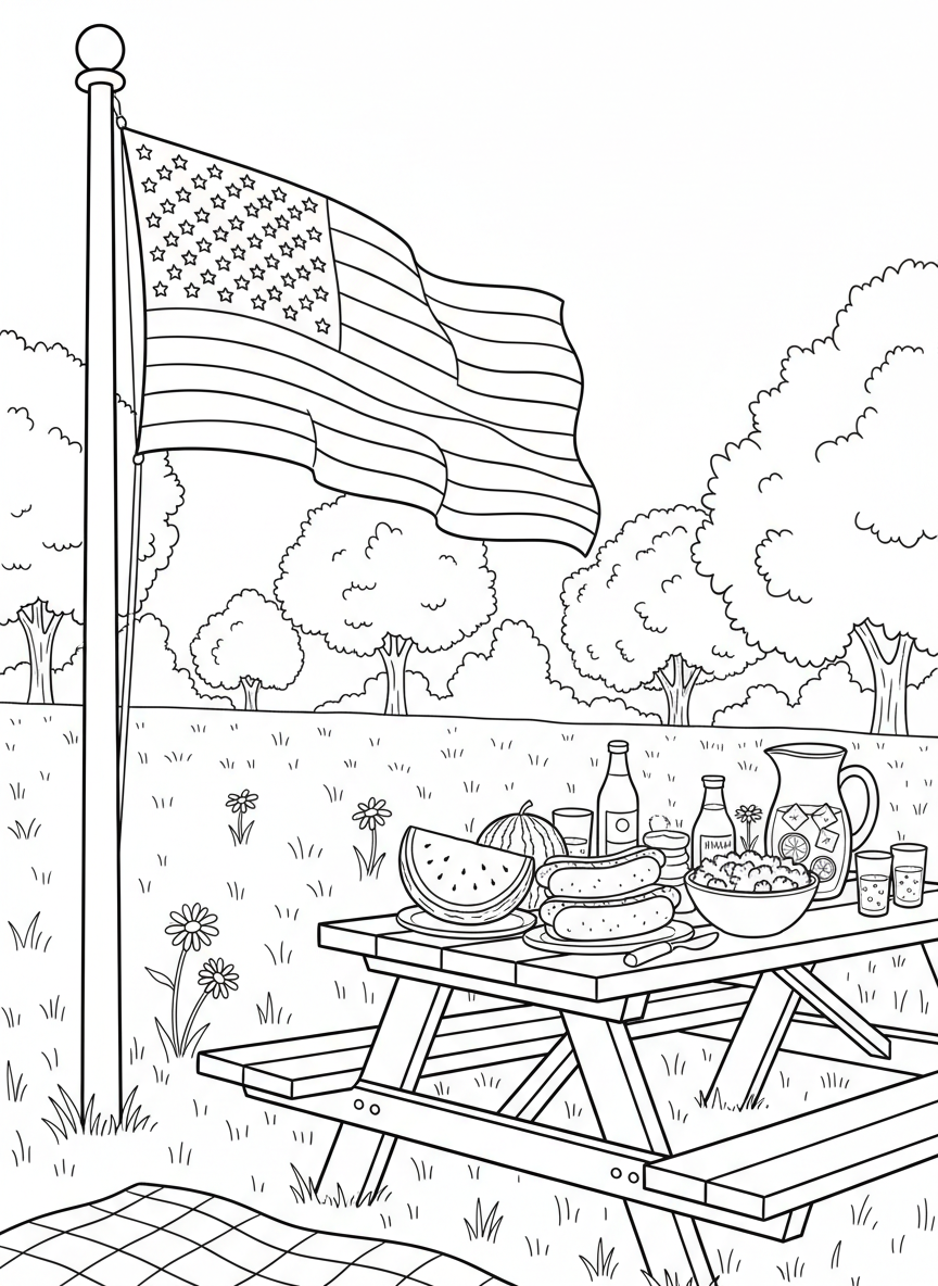 A simple scene of an American flag waving on a pole next to a picnic table loaded with summer foods and drinks.