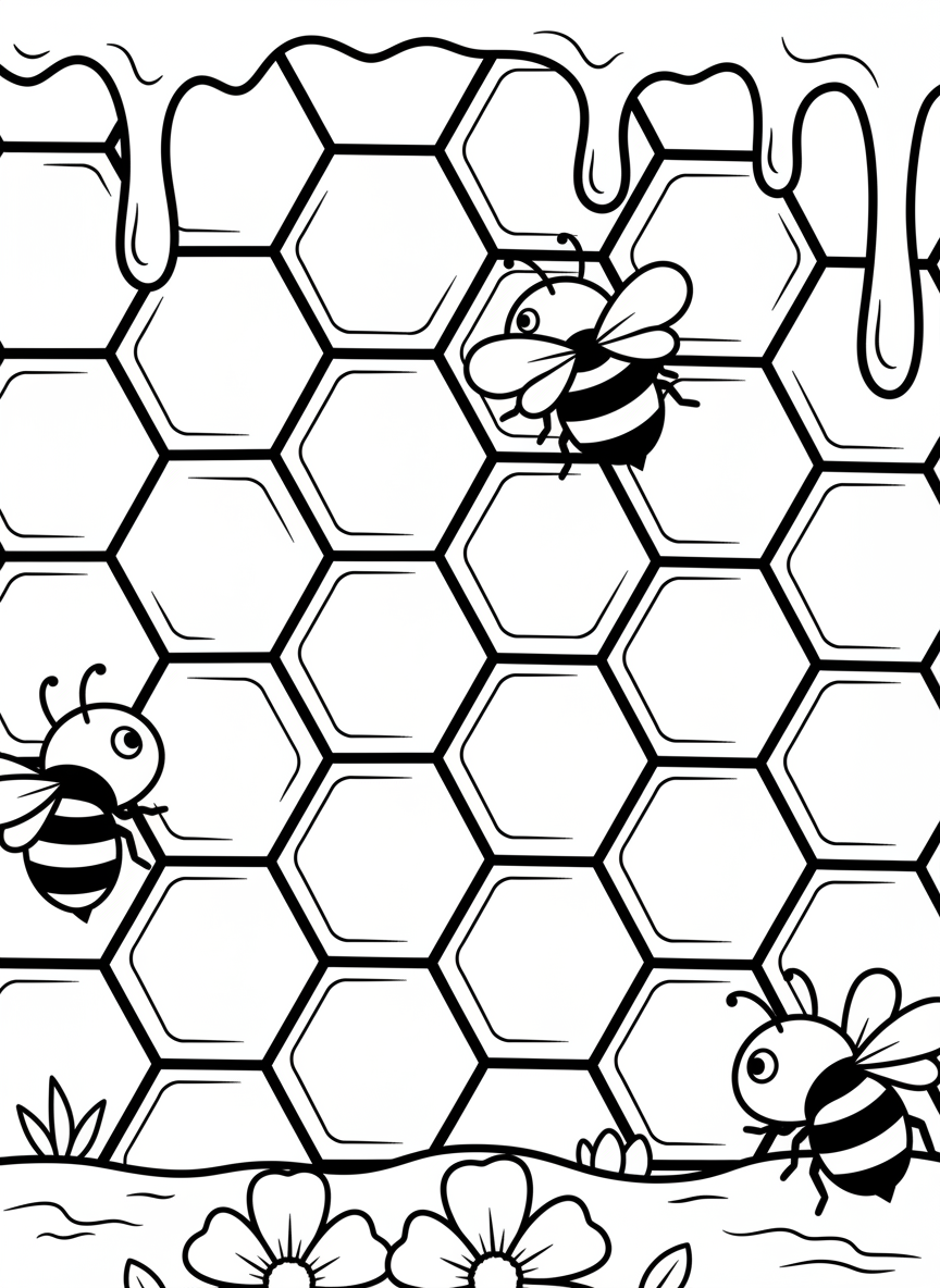 Close-up of a hexagonal honeycomb pattern with several cartoon-style bees crawling across it, simple and clear outlines perfect for young children.