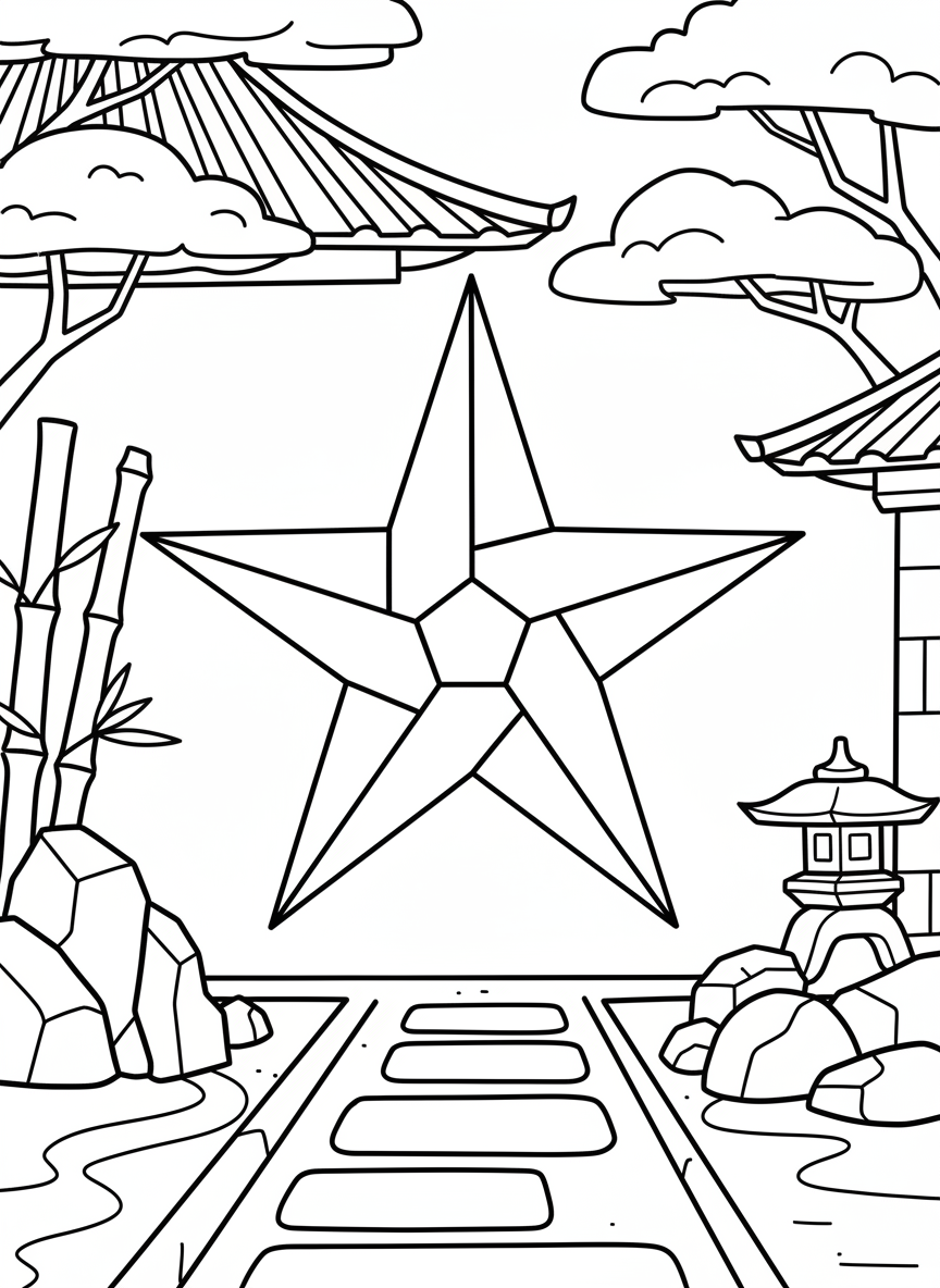 An origami ninja star (shuriken) with eight points, displaying sharp geometric angles and symmetrical design, shown flat from above.