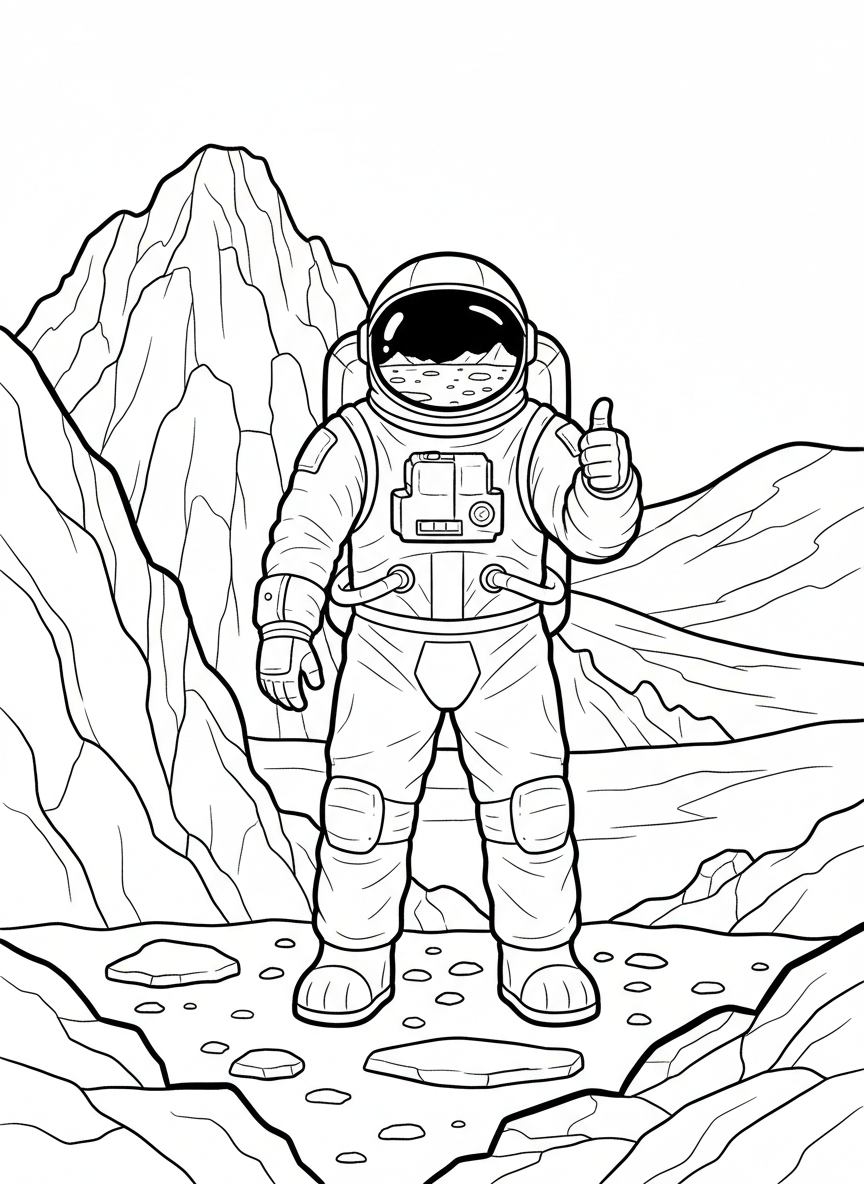 An astronaut giving a thumbs up while standing in front of a Mars landscape with red rocks and hills