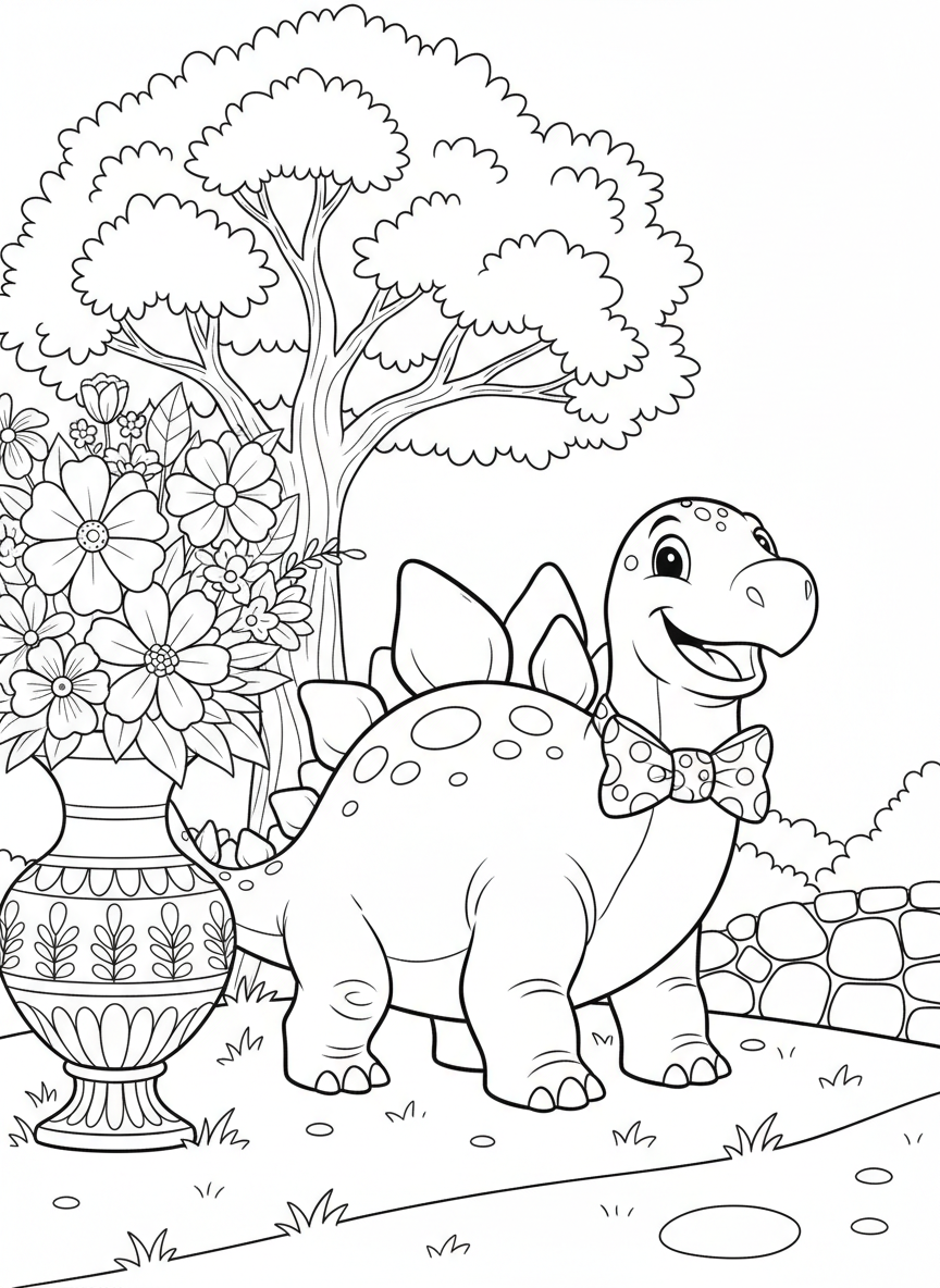 A happy Stegosaurus wearing a bow tie, standing next to a decorative vase with flowers, easy coloring page design