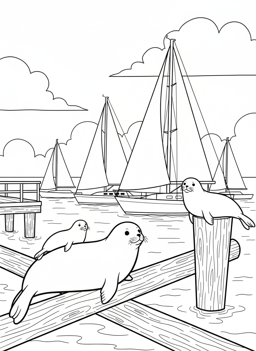A family of harbor seals resting on dock pilings with sailboats in the background, peaceful waterfront animal scene.