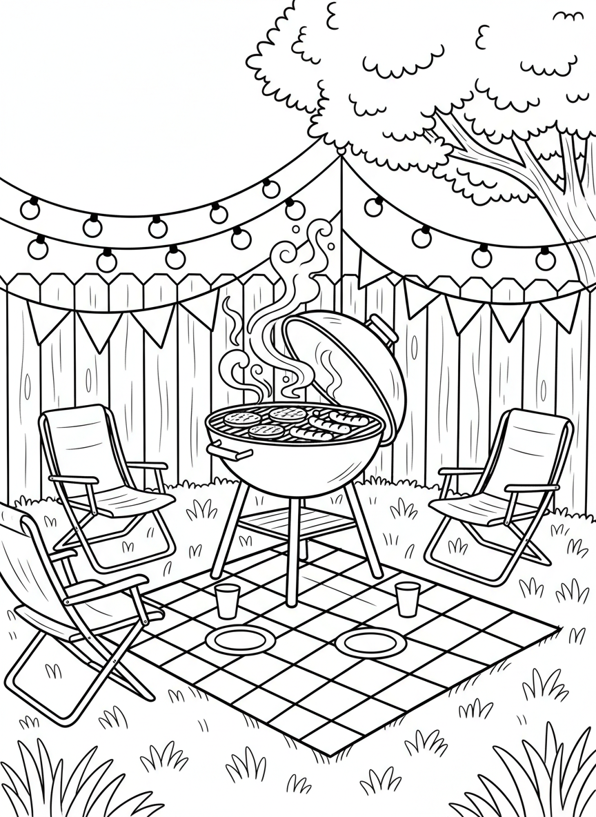 A backyard barbecue grill with burgers and hot dogs cooking, surrounded by lawn chairs and party decorations.