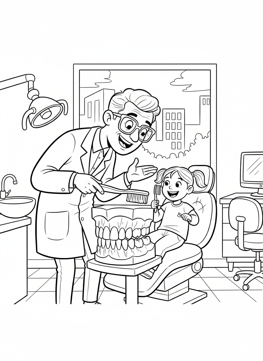 A dentist showing a child how to brush teeth properly using a large model of teeth and a giant toothbrush in the office.