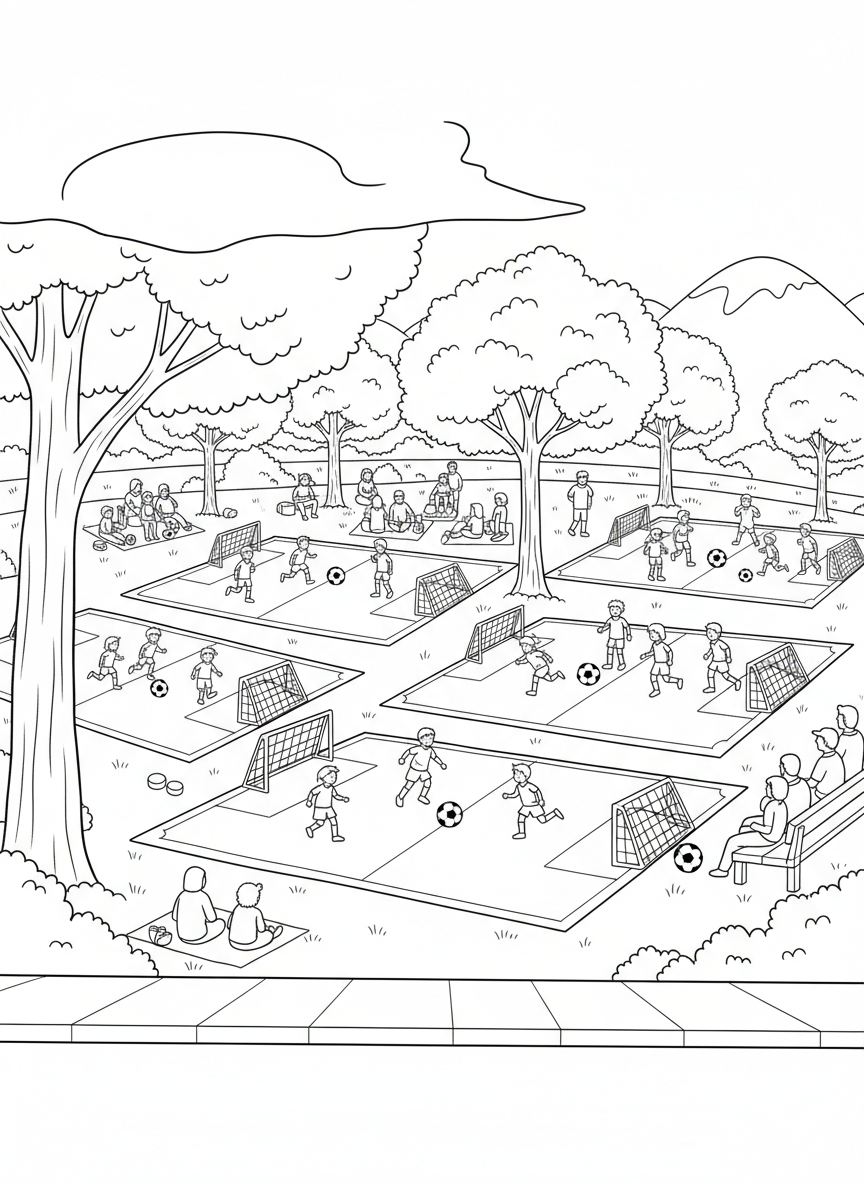 A wide view of multiple small fields hosting youth matches simultaneously in a busy park.